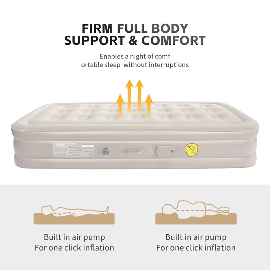 New arrivals🔥🔥🔥Self Inflating Double Air Mattress Bed 5×6ft 🛏️ Portable Inflatable Camping Air Bed with 2 Pillows & Rechargeable Pump | Waterproof Foldable Guest Bed with Storage Bag Beige