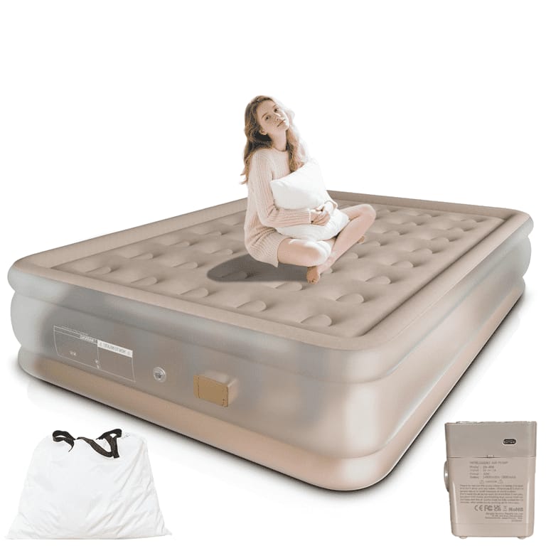 New arrivals🔥🔥🔥Self Inflating Double Air Mattress Bed 5×6ft 🛏️ Portable Inflatable Camping Air Bed with 2 Pillows & Rechargeable Pump | Waterproof Foldable Guest Bed with Storage Bag Beige
