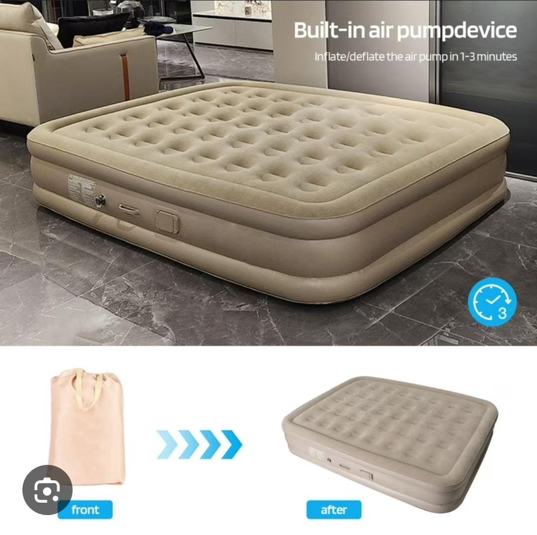New arrivals🔥🔥🔥Self Inflating Double Air Mattress Bed 5×6ft 🛏️ Portable Inflatable Camping Air Bed with 2 Pillows & Rechargeable Pump | Waterproof Foldable Guest Bed with Storage Bag Beige