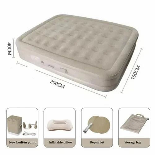 New arrivals🔥🔥🔥Self Inflating Double Air Mattress Bed 5×6ft 🛏️ Portable Inflatable Camping Air Bed with 2 Pillows & Rechargeable Pump | Waterproof Foldable Guest Bed with Storage Bag Beige