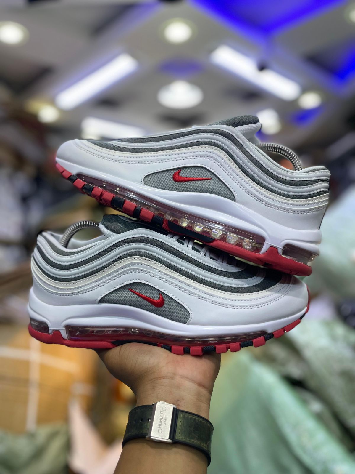 Nike Air Max 97 White Grey Red Men's Running Shoes - University Red/Grey Fog