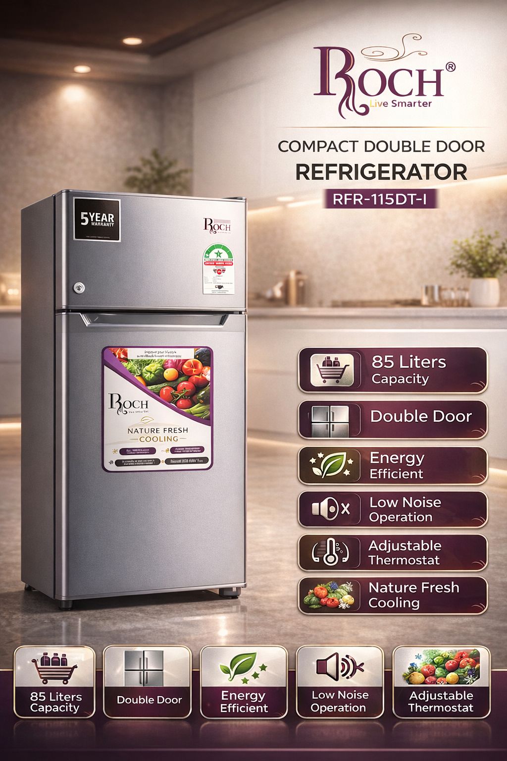 Roch Double Door Refrigerator RFR 115 DT 1 Compact Fridge Energy Efficient Low Noise Mini Refrigerator for Home Office Bedsitter 85 Ltrs