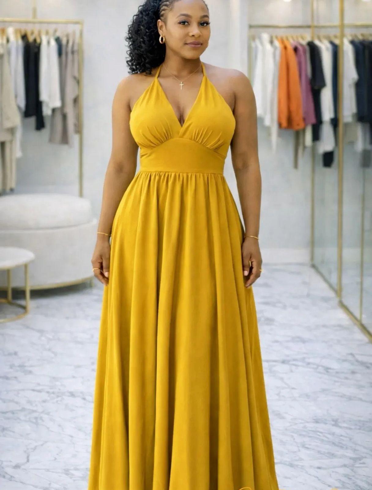 Backless halter maxi evening gown.