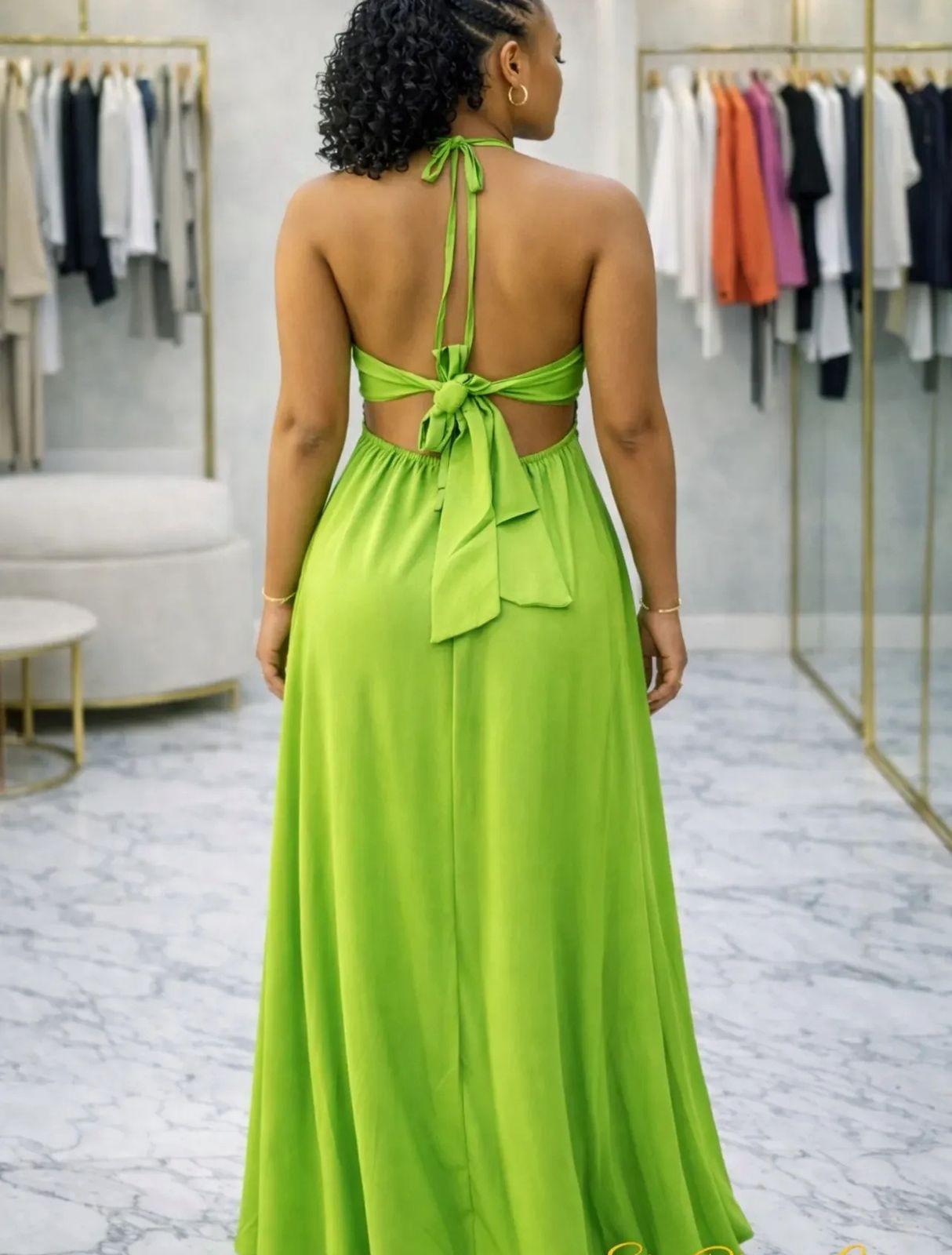 Backless halter maxi evening gown.