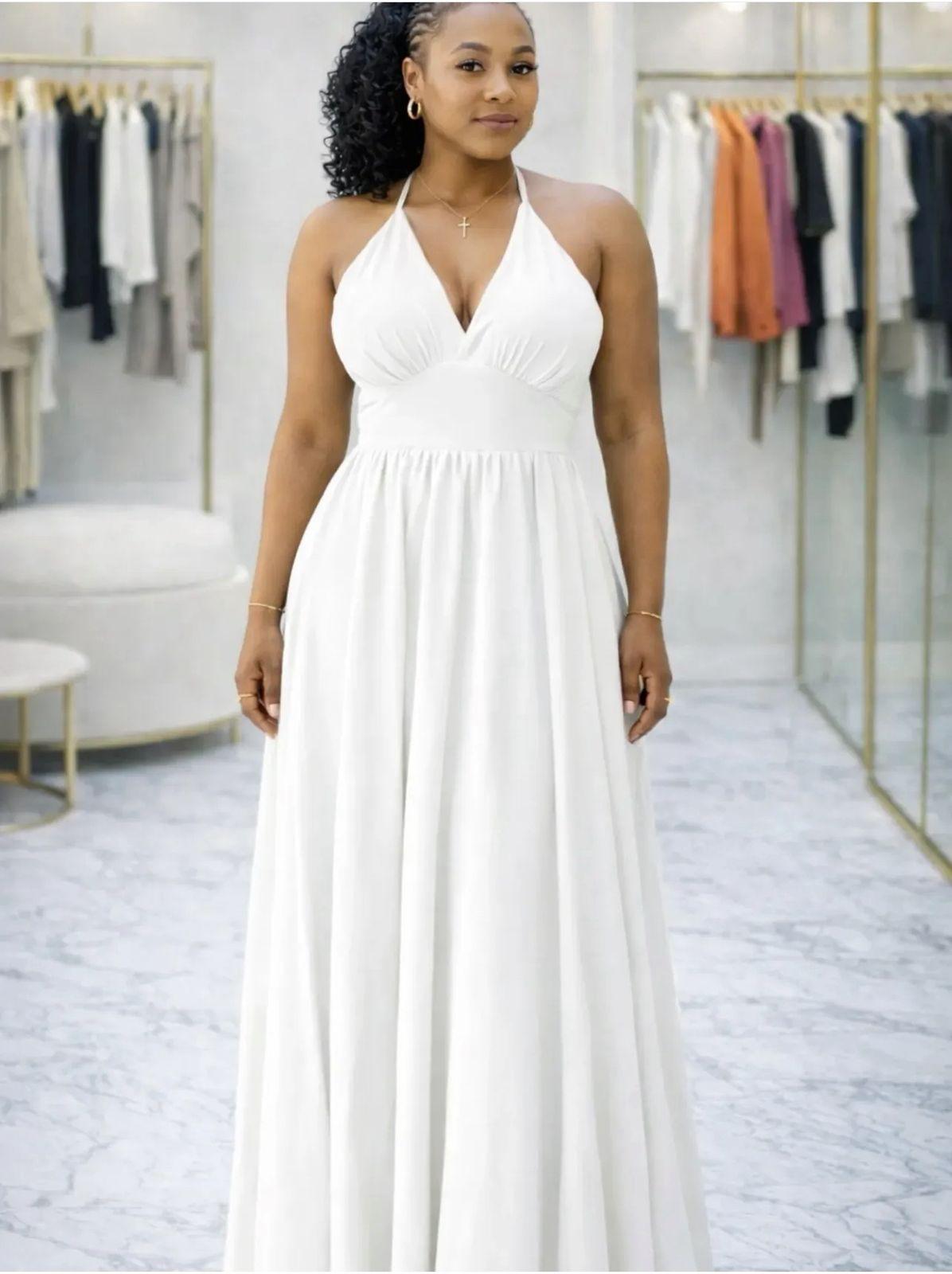 Backless halter maxi evening gown.