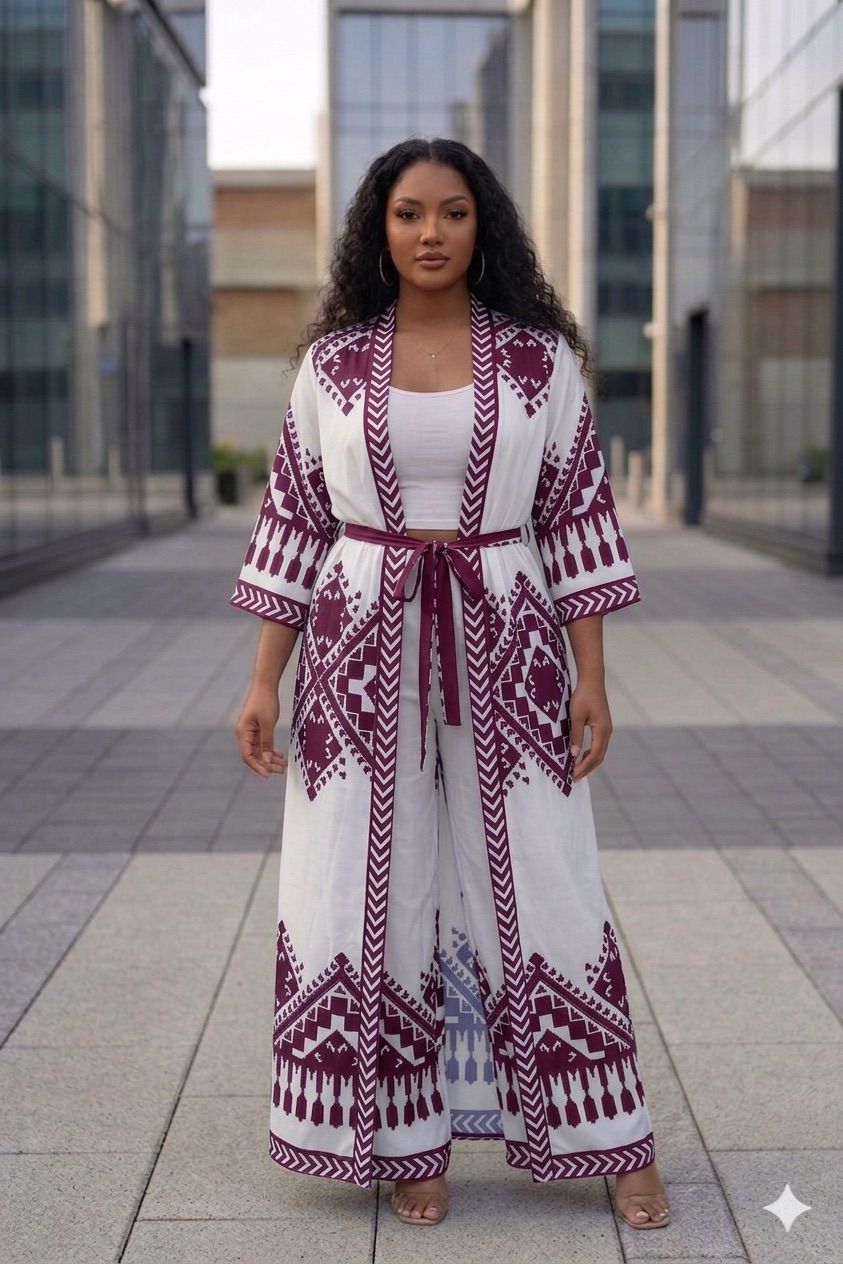 Belted kimono 3-piece outfit.