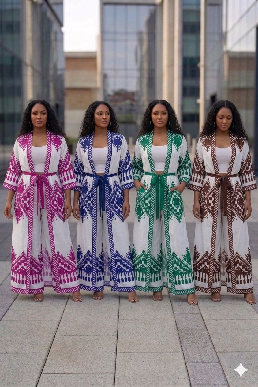 Belted kimono 3-piece outfit.