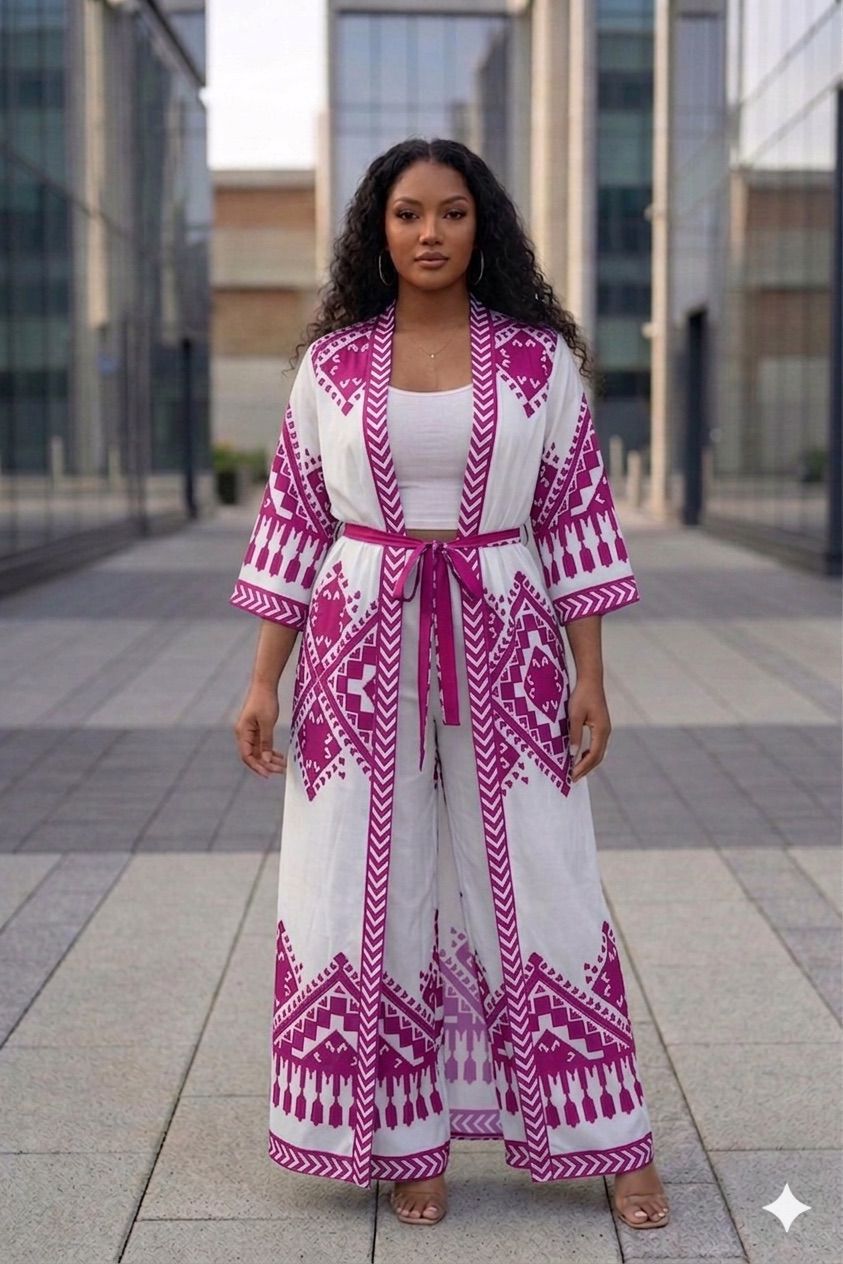 Belted kimono 3-piece outfit.