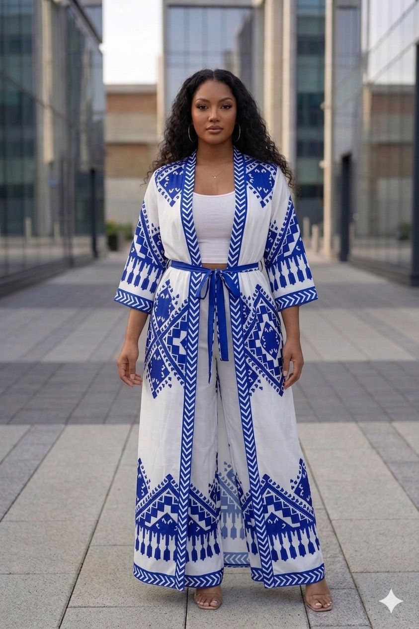 Belted kimono 3-piece outfit.