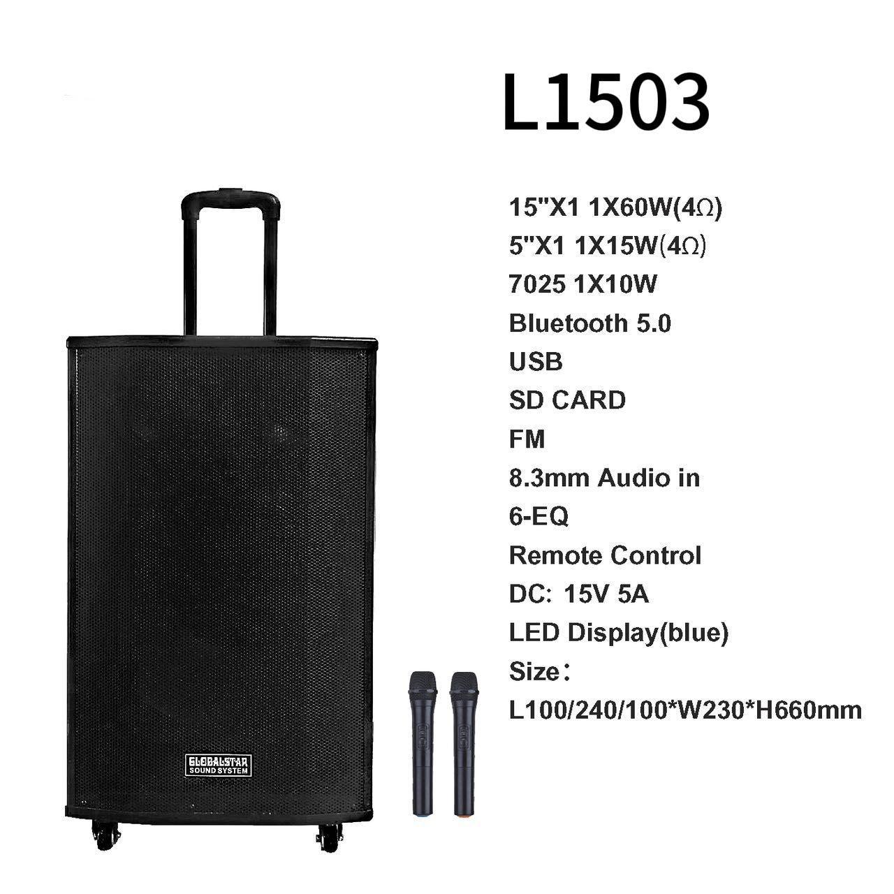 Globalstar rechargeable Trolly speaker L1503.   15 inches 
with 2 microphnoes 
include
bluetooth
USB
SDCard 
Remote control
FM
