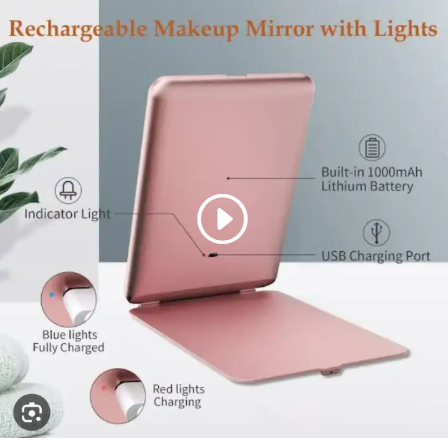 Rechargeable LED Travel Vanity Mirror with Tablet Design – Pink or White. Portable rechargeable LED vanity mirror with bright touch lighting. Slim tablet design, perfect for travel and daily makeup