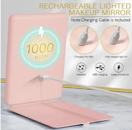 Rechargeable LED Travel Vanity Mirror with Tablet Design – Pink or White. Portable rechargeable LED vanity mirror with bright touch lighting. Slim tablet design, perfect for travel and daily makeup