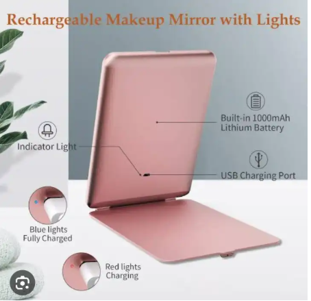 Rechargeable LED Travel Vanity Mirror with Tablet Design – Pink or White. Portable rechargeable LED vanity mirror with bright touch lighting. Slim tablet design, perfect for travel and daily makeup