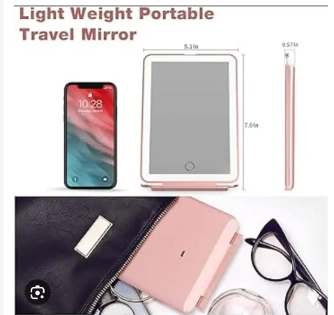 Rechargeable LED Travel Vanity Mirror with Tablet Design – Pink or White. Portable rechargeable LED vanity mirror with bright touch lighting. Slim tablet design, perfect for travel and daily makeup