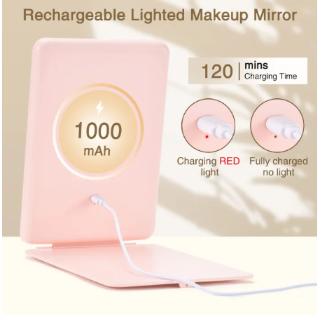 Rechargeable LED Travel Vanity Mirror with Tablet Design – Pink or White. Portable rechargeable LED vanity mirror with bright touch lighting. Slim tablet design, perfect for travel and daily makeup