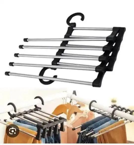 1pc Stainless Steel Retractable and Foldable Multifunctional Multi-layer Trousers Rack Wardrobe Storage 5 In 1 Magic Trouser Rack Hangers Stainless Steel