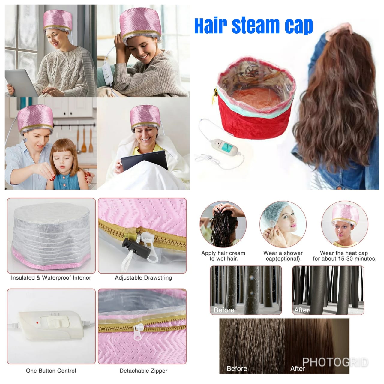 Hair Steamer Cap (Thermal cap)  Three levels of temperature controlling (low, medium and high heat).