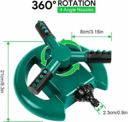 Arm 360⁰ Auto-Rotating Water Garden Sprinkler .Diameter can reach 50 feet. 6. Water-saving design: save water via adjusting the water density, more or less, and range to utilize does not include pipe