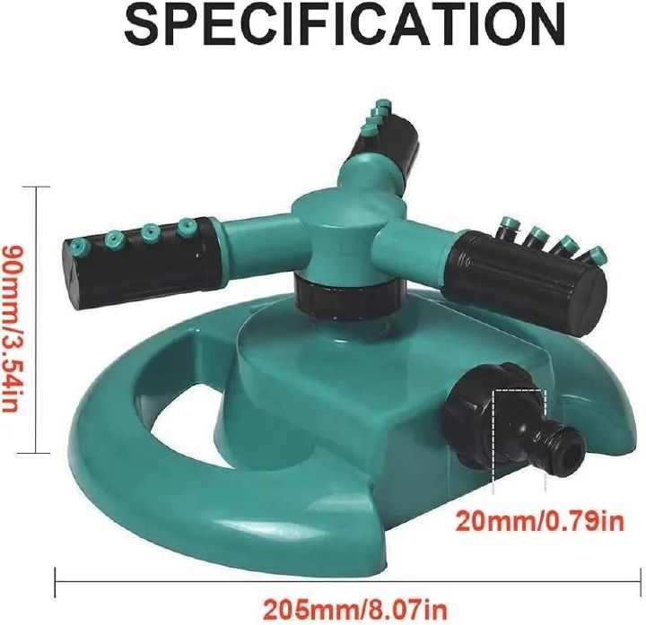 Arm 360⁰ Auto-Rotating Water Garden Sprinkler .Diameter can reach 50 feet. 6. Water-saving design: save water via adjusting the water density, more or less, and range to utilize does not include pipe