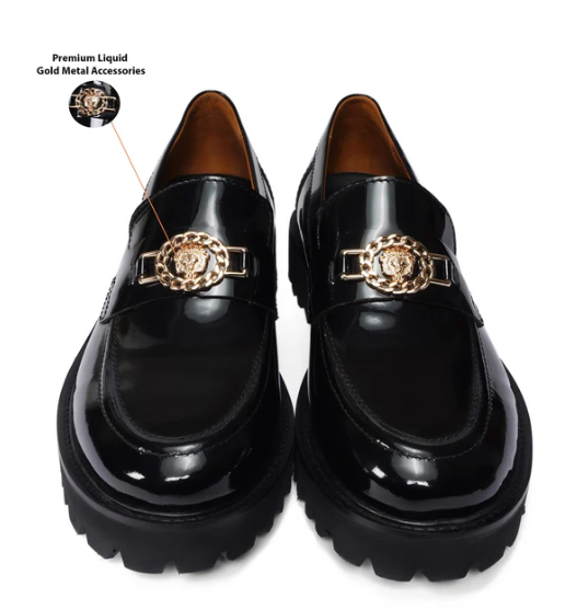 Black Patent Leather Loafers With Chunky Sole Featuring Luxurious Glossy Finish Golden Lion Logo Detail Durable Construction Cushioned Insole Slip-On Design Stylish Comfortable Statement Footwear