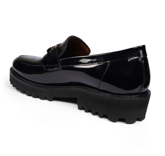 Black Patent Leather Loafers With Chunky Sole Featuring Luxurious Glossy Finish Golden Lion Logo Detail Durable Construction Cushioned Insole Slip-On Design Stylish Comfortable Statement Footwear