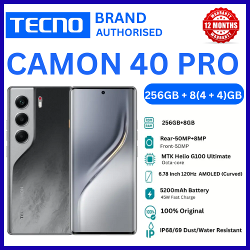 BRAND NEW TECNO CAMON 40 PRO  256GB+8GB 6.78" 120Hz AMOLED Display (50+8)MP Camera 50MP Selfie 5200mAh Battery 45W Charging Dual SIM On-Screen Fingerprint IP6869 Rated Android