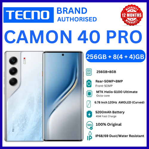 BRAND NEW TECNO CAMON 40 PRO  256GB+8GB 6.78" 120Hz AMOLED Display (50+8)MP Camera 50MP Selfie 5200mAh Battery 45W Charging Dual SIM On-Screen Fingerprint IP6869 Rated Android