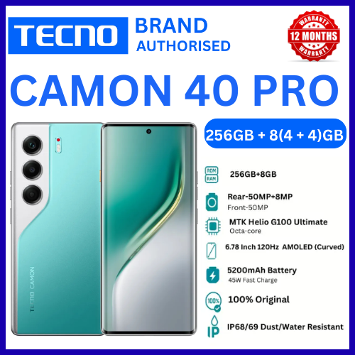 BRAND NEW TECNO CAMON 40 PRO  256GB+8GB 6.78" 120Hz AMOLED Display (50+8)MP Camera 50MP Selfie 5200mAh Battery 45W Charging Dual SIM On-Screen Fingerprint IP6869 Rated Android