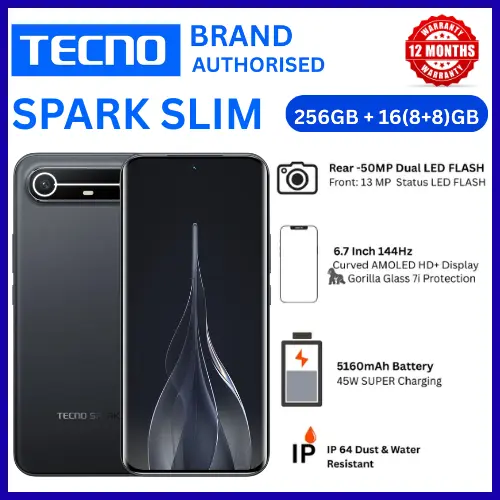 BRAND NEW TECNO SPARK SLIM 4G, 256GB 8GB RAM, CURVED SCREEN 6.78 inch 144Hz SCREEN REFRESH RATE, Battery 5160 mAh,,,,TYPE C DUAL SIM 4G SMART PHONE