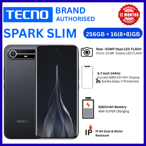 BRAND NEW TECNO SPARK SLIM 4G, 256GB 8GB RAM, CURVED SCREEN 6.78 inch 144Hz SCREEN REFRESH RATE, Battery 5160 mAh,,,,TYPE C DUAL SIM 4G SMART PHONE
