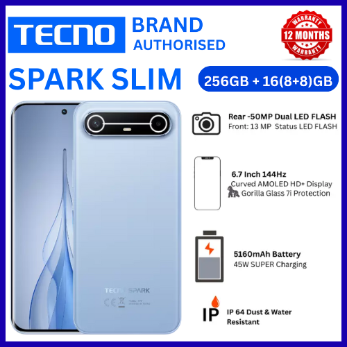 BRAND NEW TECNO SPARK SLIM 4G, 256GB 8GB RAM, CURVED SCREEN 6.78 inch 144Hz SCREEN REFRESH RATE, Battery 5160 mAh,,,,TYPE C DUAL SIM 4G SMART PHONE
