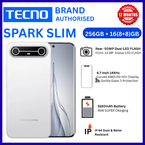 BRAND NEW TECNO SPARK SLIM 4G, 256GB 8GB RAM, CURVED SCREEN 6.78 inch 144Hz SCREEN REFRESH RATE, Battery 5160 mAh,,,,TYPE C DUAL SIM 4G SMART PHONE