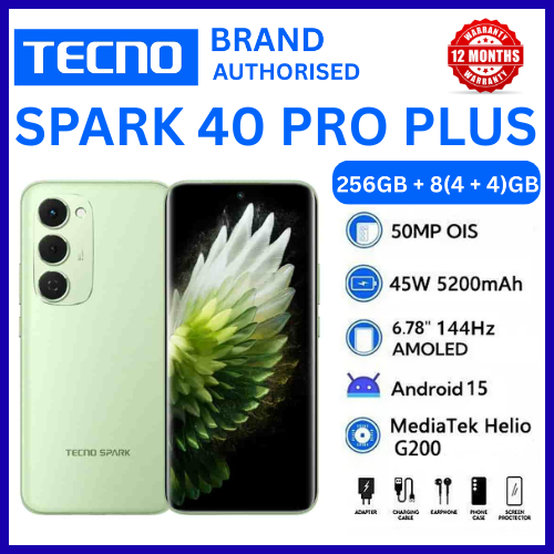 BRAND NEW TECNO SPARK 40 PRO PLUS 256GB+16(8+8)GB 6.78" 144Hz AMOLED Display 50MP Camera 5200mAh Battery 45W Fast Charging On-Screen Fingerprint IP64 Dual SIM Android AI Smartphone