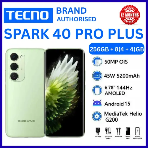BRAND NEW TECNO SPARK 40 PRO PLUS 256GB+16(8+8)GB 6.78" 144Hz AMOLED Display 50MP Camera 5200mAh Battery 45W Fast Charging On-Screen Fingerprint IP64 Dual SIM Android AI Smartphone