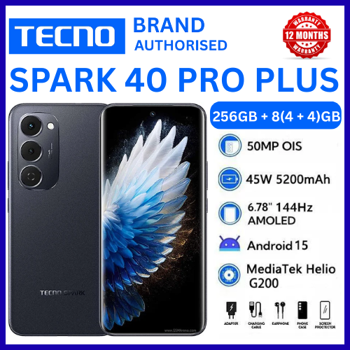 BRAND NEW TECNO SPARK 40 PRO PLUS 256GB+16(8+8)GB 6.78" 144Hz AMOLED Display 50MP Camera 5200mAh Battery 45W Fast Charging On-Screen Fingerprint IP64 Dual SIM Android AI Smartphone