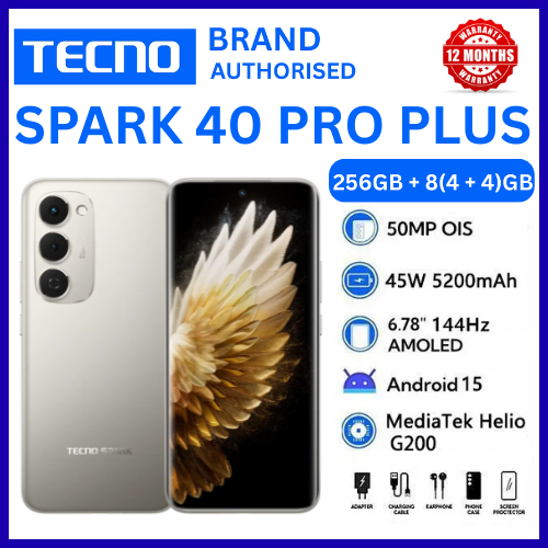 BRAND NEW TECNO SPARK 40 PRO PLUS 256GB+16(8+8)GB 6.78" 144Hz AMOLED Display 50MP Camera 5200mAh Battery 45W Fast Charging On-Screen Fingerprint IP64 Dual SIM Android AI Smartphone