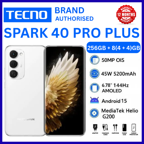 BRAND NEW TECNO SPARK 40 PRO PLUS 256GB+16(8+8)GB 6.78" 144Hz AMOLED Display 50MP Camera 5200mAh Battery 45W Fast Charging On-Screen Fingerprint IP64 Dual SIM Android AI Smartphone