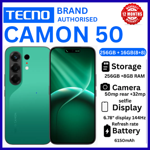 BRAND NEW TECNO CAMON 50 256GB ROM +16GB(8+8GB )RAM, 6.78" AMOLED CURVED SCREEN 6500mAh BATTERY 50MP MAIN CAMERA 32MP SELFIE ANDROID 16 SMARTPHONE