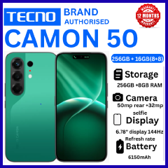 BRAND NEW TECNO CAMON 50 256GB ROM +16GB(8+8GB )RAM, 6.78" AMOLED CURVED SCREEN 6500mAh BATTERY 50MP MAIN CAMERA 32MP SELFIE ANDROID 16 SMARTPHONE
