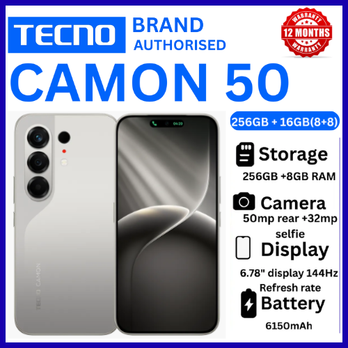 BRAND NEW TECNO CAMON 50 256GB ROM +16GB(8+8GB )RAM, 6.78" AMOLED CURVED SCREEN 6500mAh BATTERY 50MP MAIN CAMERA 32MP SELFIE ANDROID 16 SMARTPHONE