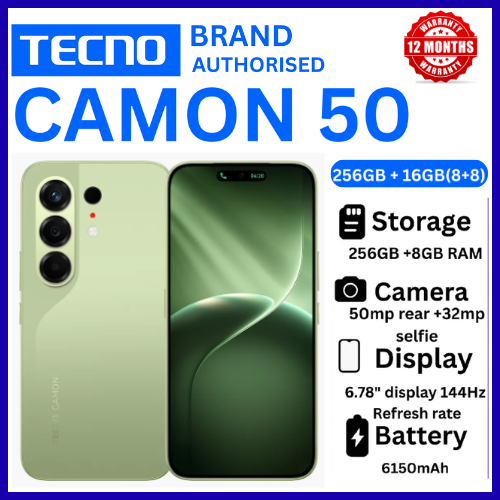 BRAND NEW TECNO CAMON 50 256GB ROM +16GB(8+8GB )RAM, 6.78" AMOLED CURVED SCREEN 6500mAh BATTERY 50MP MAIN CAMERA 32MP SELFIE ANDROID 16 SMARTPHONE