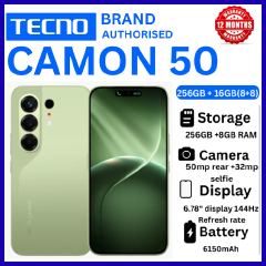 BRAND NEW TECNO CAMON 50 256GB ROM +16GB(8+8GB )RAM, 6.78" AMOLED CURVED SCREEN 6500mAh BATTERY 50MP MAIN CAMERA 32MP SELFIE ANDROID 16 SMARTPHONE