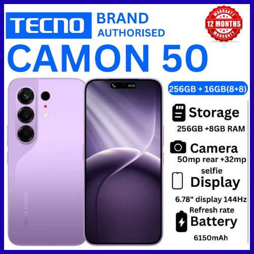 BRAND NEW TECNO CAMON 50 256GB ROM +16GB(8+8GB )RAM, 6.78" AMOLED CURVED SCREEN 6500mAh BATTERY 50MP MAIN CAMERA 32MP SELFIE ANDROID 16 SMARTPHONE