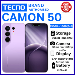 BRAND NEW TECNO CAMON 50 256GB ROM +16GB(8+8GB )RAM, 6.78" AMOLED CURVED SCREEN 6500mAh BATTERY 50MP MAIN CAMERA 32MP SELFIE ANDROID 16 SMARTPHONE