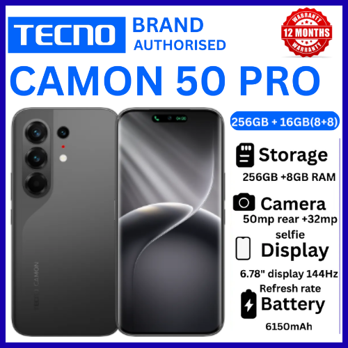 BRAND NEW TECNO CAMON 50 PRO 256GB ROM +16GB(8+8GB )RAM, 6.78" AMOLED CURVED SCREEN 6500mAh BATTERY 50MP MAIN CAMERA 32MP SELFIE ANDROID 16 SMARTPHONE