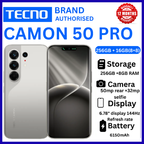 BRAND NEW TECNO CAMON 50 PRO 256GB ROM +16GB(8+8GB )RAM, 6.78" AMOLED CURVED SCREEN 6500mAh BATTERY 50MP MAIN CAMERA 32MP SELFIE ANDROID 16 SMARTPHONE