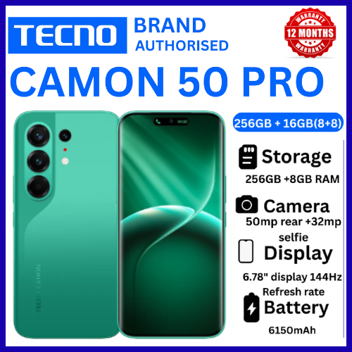 BRAND NEW TECNO CAMON 50 PRO 256GB ROM +16GB(8+8GB )RAM, 6.78" AMOLED CURVED SCREEN 6500mAh BATTERY 50MP MAIN CAMERA 32MP SELFIE ANDROID 16 SMARTPHONE