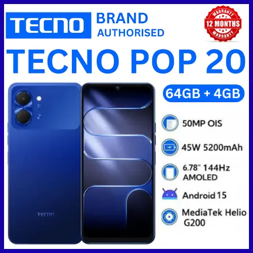 BRAND NEW TECNO POP 20 64GB ROM +4GB RAM 6.75 inch FHD 5000mAh Battery 13MP Main Camera Dual SIM 4G 15W FAST NETWORK UNISOC T7250 PROCESSOR Android 15