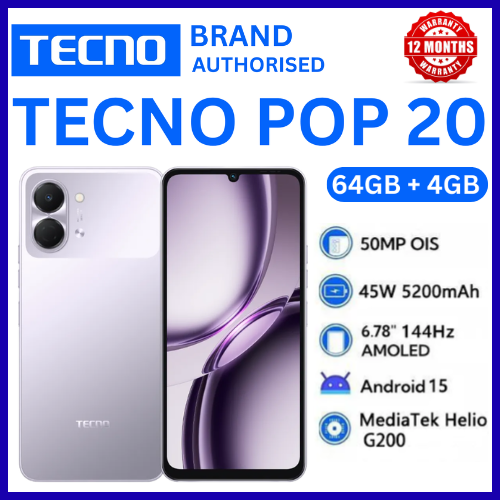 BRAND NEW TECNO POP 20 64GB ROM +4GB RAM 6.75 inch FHD 5000mAh Battery 13MP Main Camera Dual SIM 4G 15W FAST NETWORK UNISOC T7250 PROCESSOR Android 15