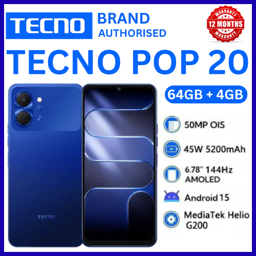 BRAND NEW TECNO POP 20 64GB ROM +4GB RAM 6.75 inch FHD 5000mAh Battery 13MP Main Camera Dual SIM 4G 15W FAST NETWORK UNISOC T7250 PROCESSOR Android 15